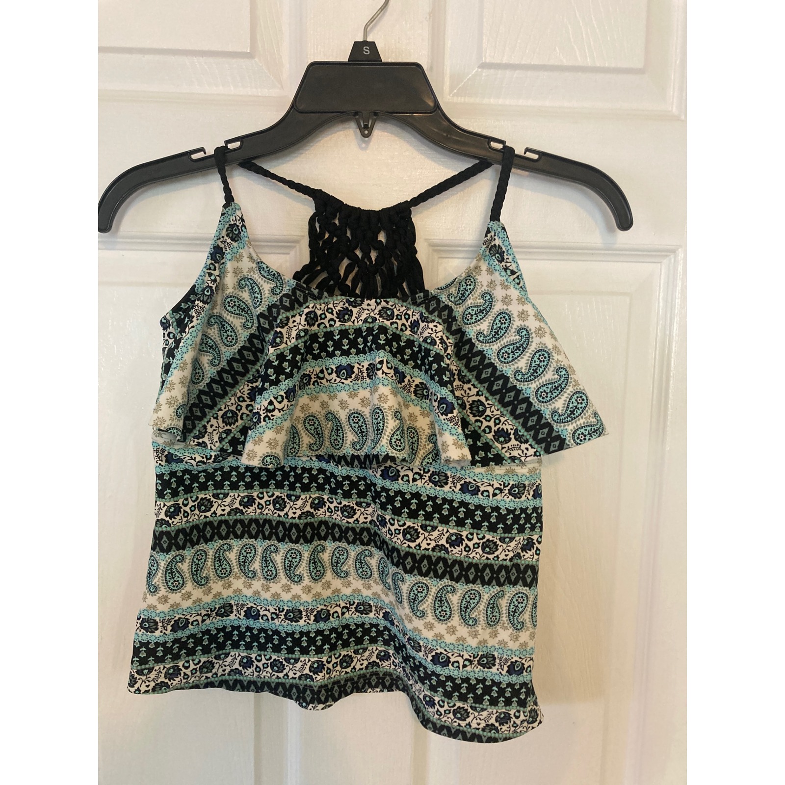 Arizona Jean Co Paisley Boho Tankini Top Macrame Racerback Teal Black Medium
